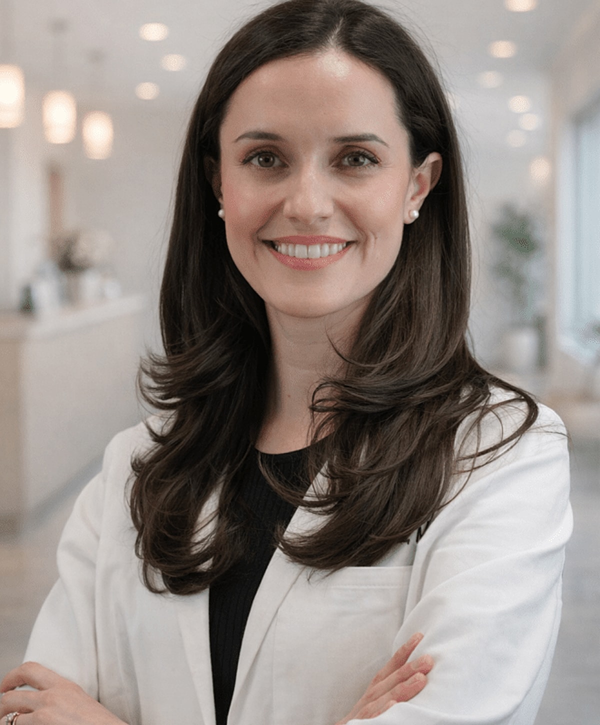 Smiling woman in a medical professional's attire.