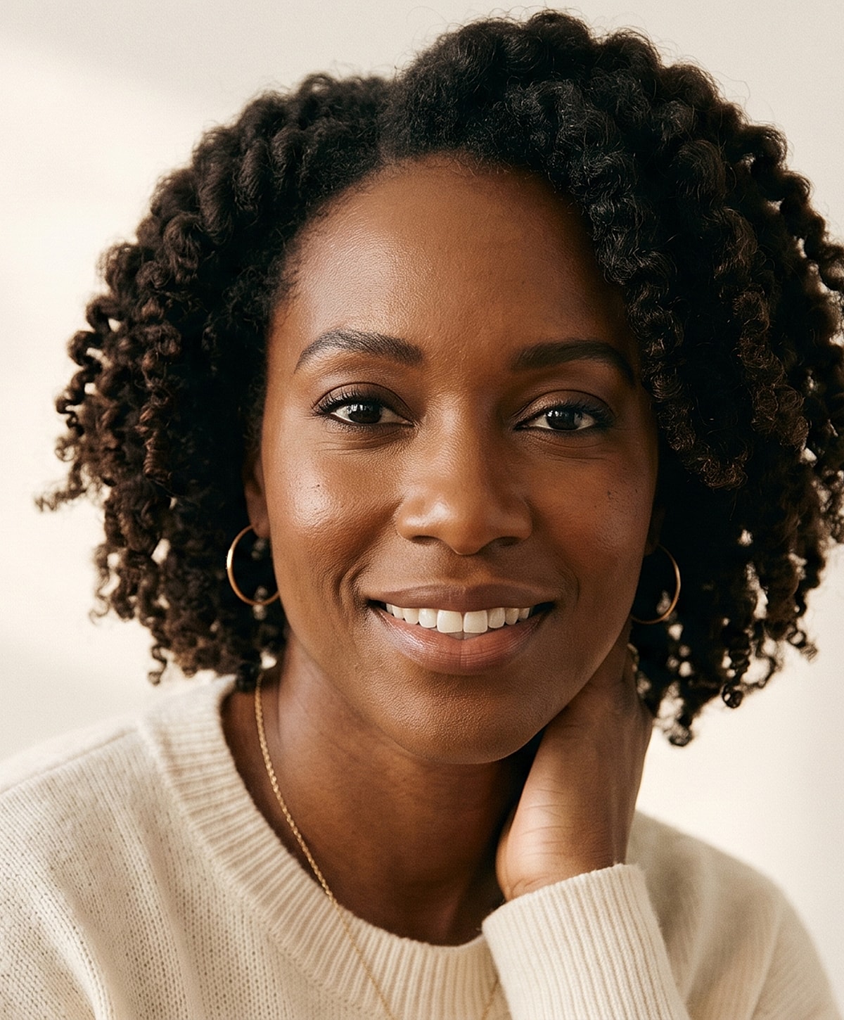 Smiling woman with curly hair in sweater.
