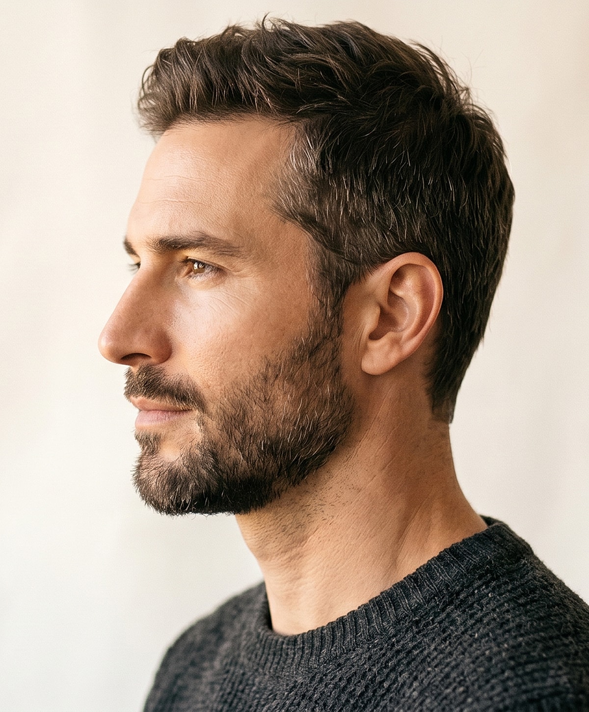 Profile of a man with beard and sweater.