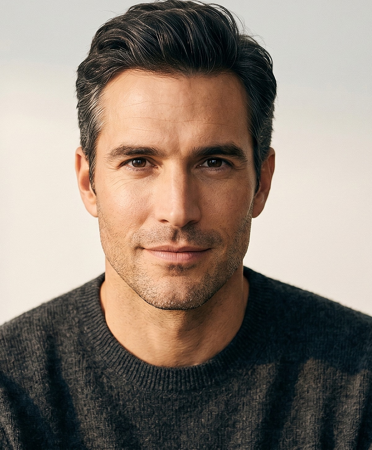 Man smiling in a cozy sweater.
