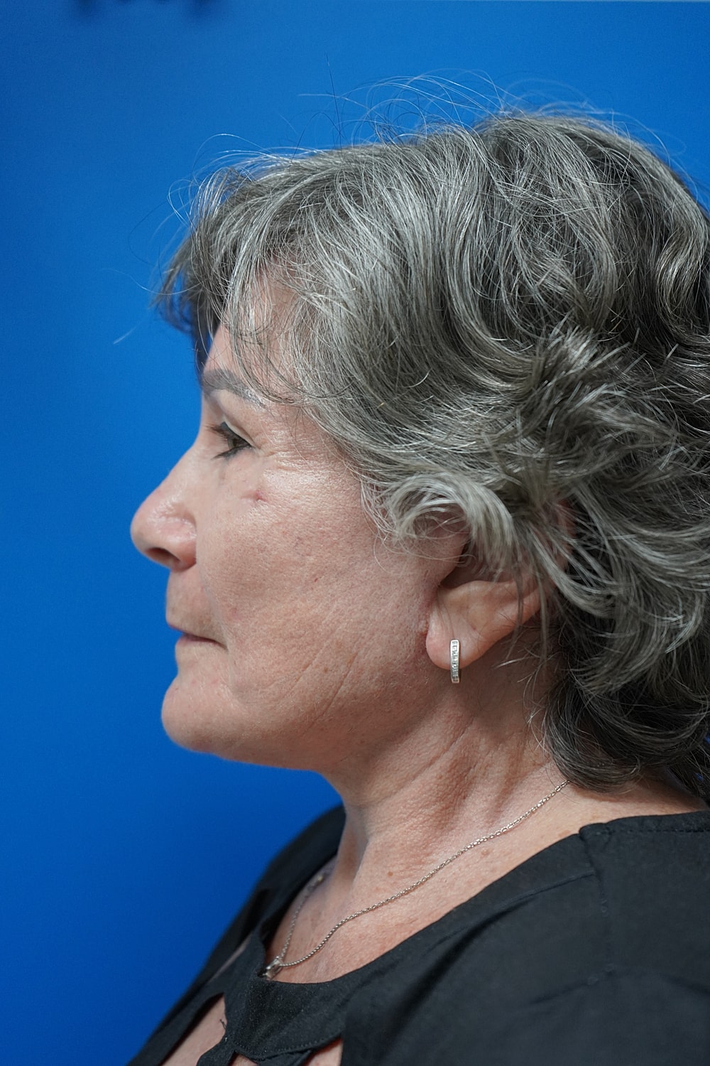 Profile of a woman with gray hair.